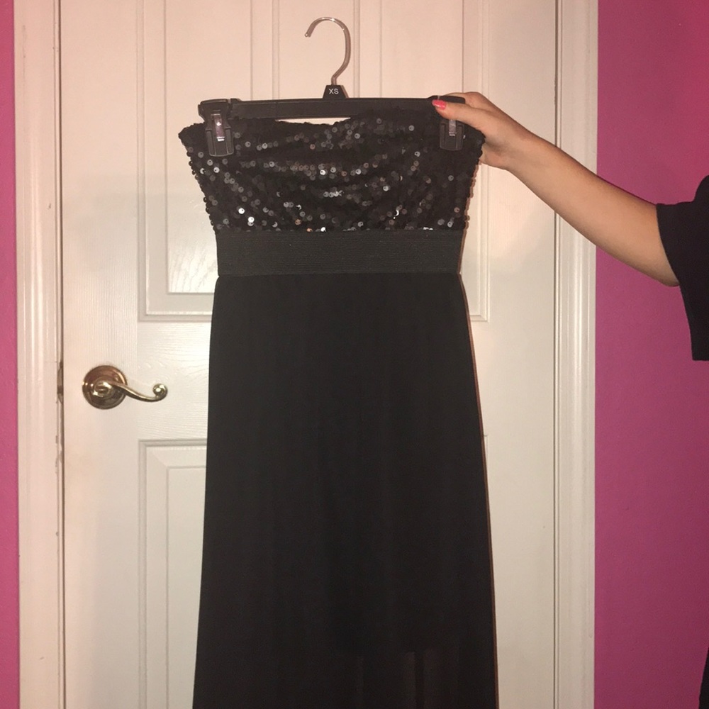 Black sequence high low dress
